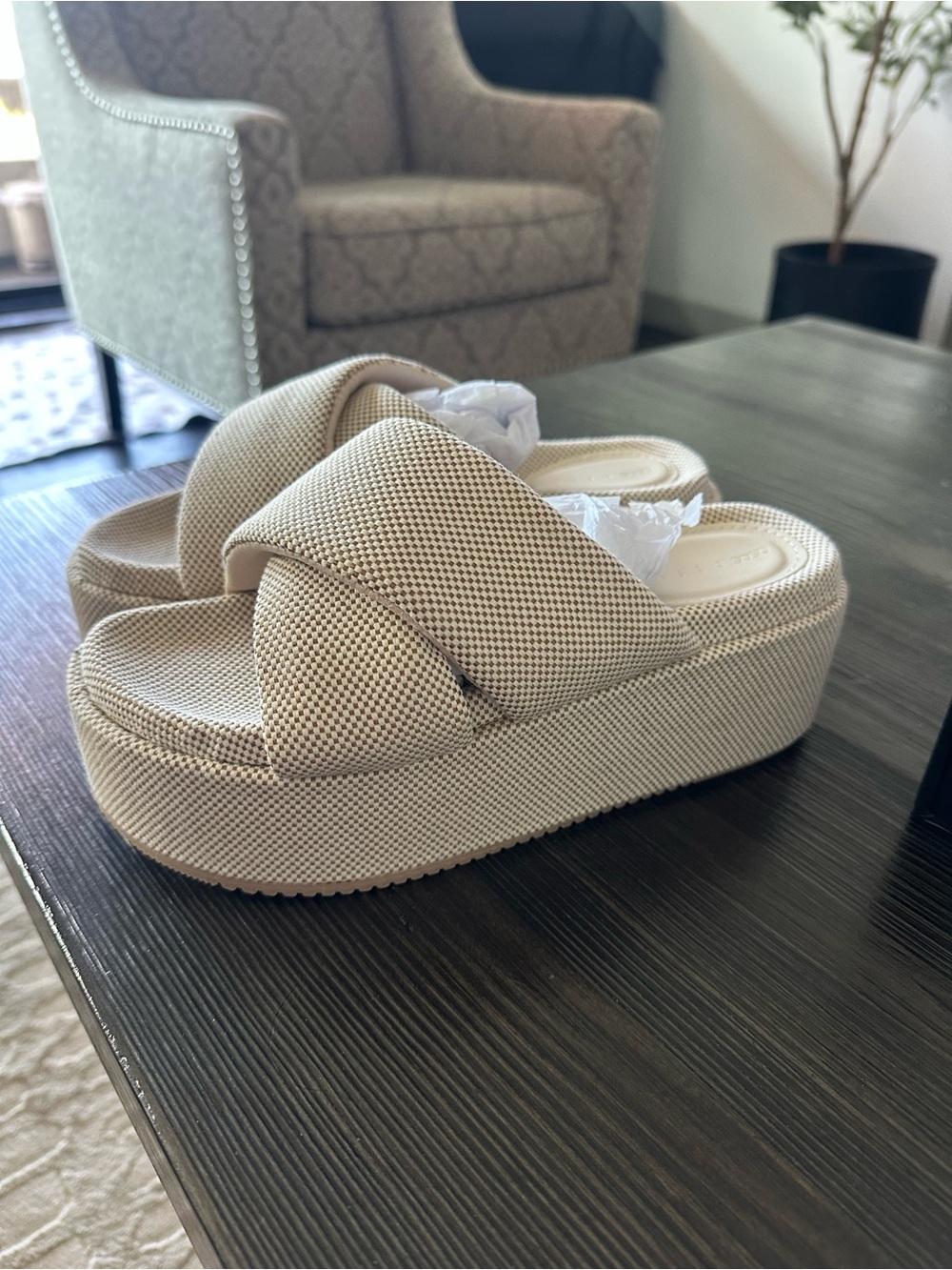 ASOS Beige Platform Slide Sandals with Crisscross Upper